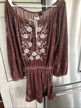 Velvet Embroidered Tunic Dress in Dusty Rose 35 inches long size m